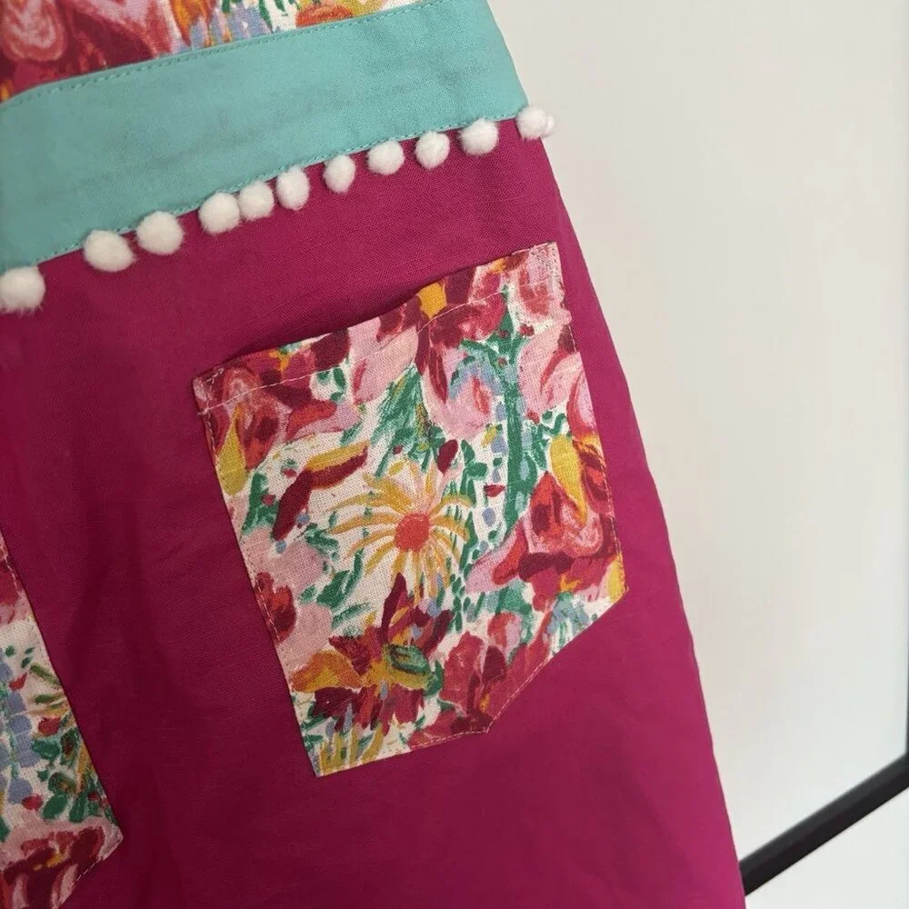Opalhouse Cooking Apron Floral Pink Pom Pom‎ Cotton Pockets Boho Preppy Summer